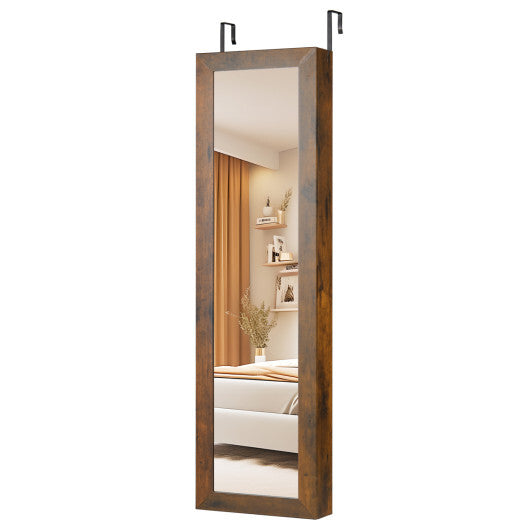 Costway Full Length Mirror Jewelry Cabinet with Ring Slots and Necklace Hooks-Rustic Brown LuxuryLifeWay Online Store
