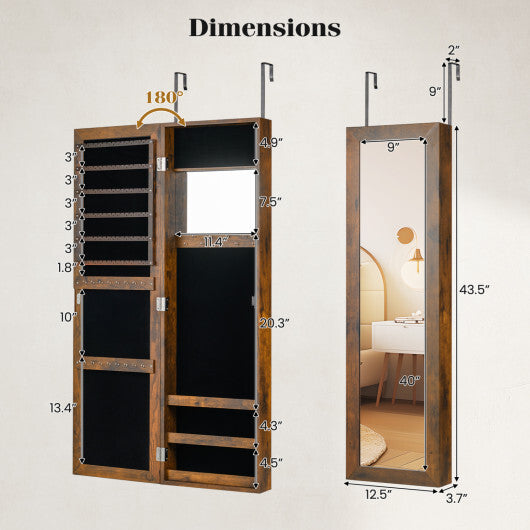 Costway Full Length Mirror Jewelry Cabinet with Ring Slots and Necklace Hooks-Rustic Brown LuxuryLifeWay Online Store