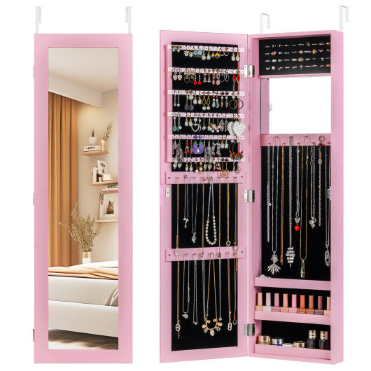 Costway Jewelry Cabinet Wall or Door Mounted Jewelry Armoire Modern Hanging Jewelry Organizer-Pink LuxuryLifeWay Online Store