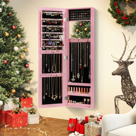Costway Jewelry Cabinet Wall or Door Mounted Jewelry Armoire Modern Hanging Jewelry Organizer-Pink LuxuryLifeWay Online Store