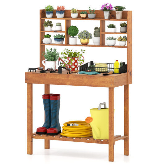 Costway Potting Bench Table with Flip-up Tabletop  Storage Shelves for Patio Porch Balcony Brown LuxuryLifeWay Online Store