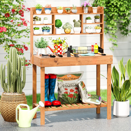 Costway Potting Bench Table with Flip-up Tabletop  Storage Shelves for Patio Porch Balcony Brown LuxuryLifeWay Online Store