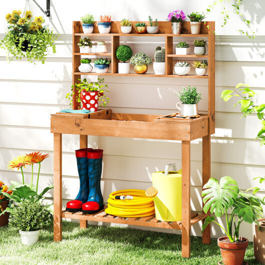 Costway Potting Bench Table with Flip-up Tabletop  Storage Shelves for Patio Porch Balcony Brown LuxuryLifeWay Online Store