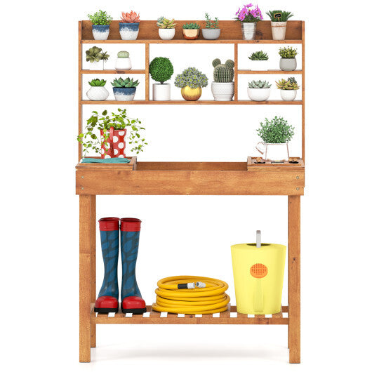 Costway Potting Bench Table with Flip-up Tabletop  Storage Shelves for Patio Porch Balcony Brown LuxuryLifeWay Online Store