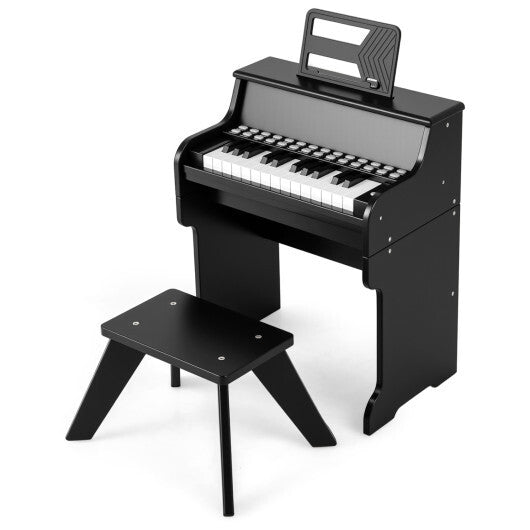 Costway 25 Keys Kids Piano Keyboard with Stool Mini Digital Piano Wooden Toy with Adjustable Speed and Volume-Black