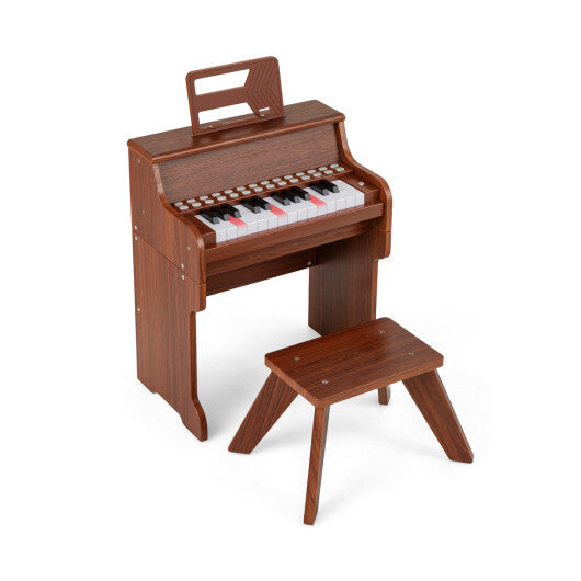 Costway 25 Keys Kids Piano Keyboard with Stool Mini Digital Piano Wooden Toy with Adjustable Speed and Volume-Brown LuxuryLifeWay Online Store