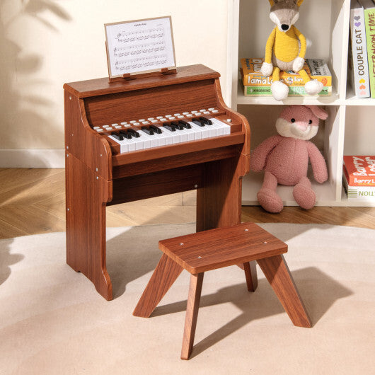 Costway 25 Keys Kids Piano Keyboard with Stool Mini Digital Piano Wooden Toy with Adjustable Speed and Volume-Brown