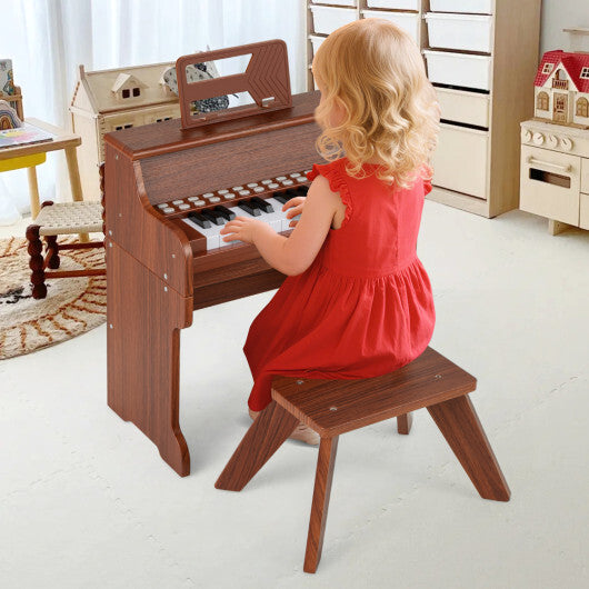 Costway 25 Keys Kids Piano Keyboard with Stool Mini Digital Piano Wooden Toy with Adjustable Speed and Volume-Brown