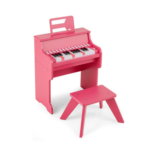 Costway 25 Keys Kids Piano Keyboard with Stool Mini Digital Piano Wooden Toy with Adjustable Speed and Volume-Pink LuxuryLifeWay Online Store