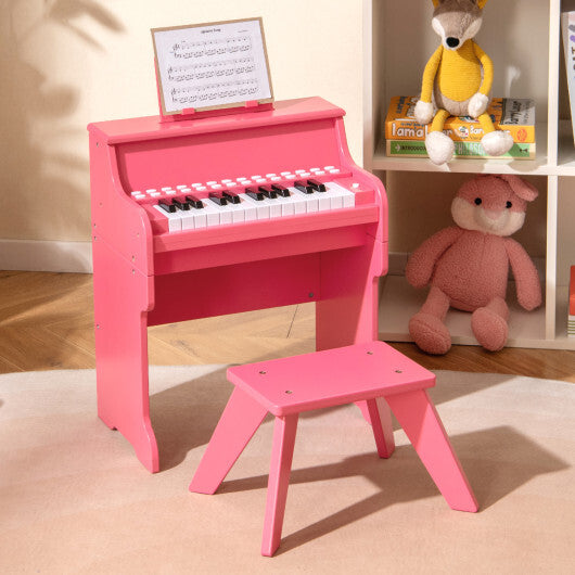 Costway 25 Keys Kids Piano Keyboard with Stool Mini Digital Piano Wooden Toy with Adjustable Speed and Volume-Pink