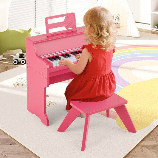 Costway 25 Keys Kids Piano Keyboard with Stool Mini Digital Piano Wooden Toy with Adjustable Speed and Volume-Pink