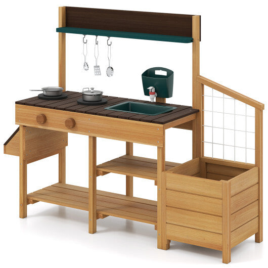 Costway Play Kitchen for Kids Wooden Toy Kitchen Playset Pretend Mud Kitchen-Brown LuxuryLifeWay Online Store
