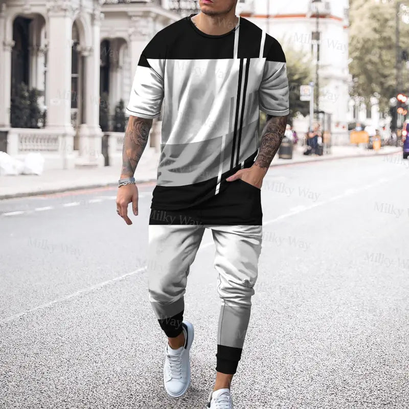 Men's Summer Tracksuit Stripe Print T-shirt Trousers Set