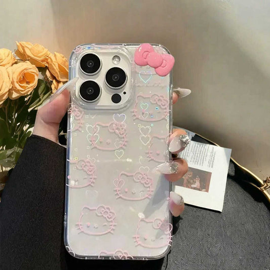 Cute Kitty Bow Kawaii Holder Case for iPhone 16 15 14 13 12 11 Pro Max Plus - Cute Bow Laser Protective Cover with Handy Grip Holder LuxuryLifeWay Online Store