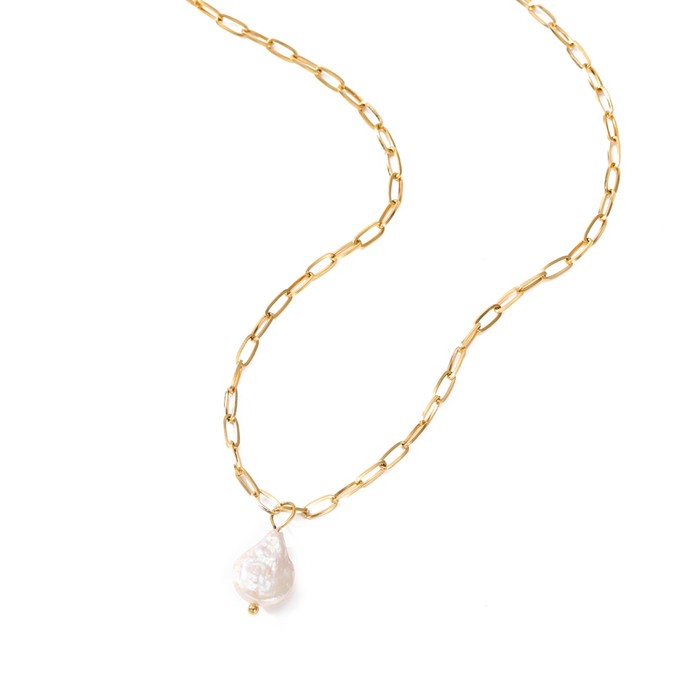 Rectangle Link Chain Pearl Necklace Pi-Mart