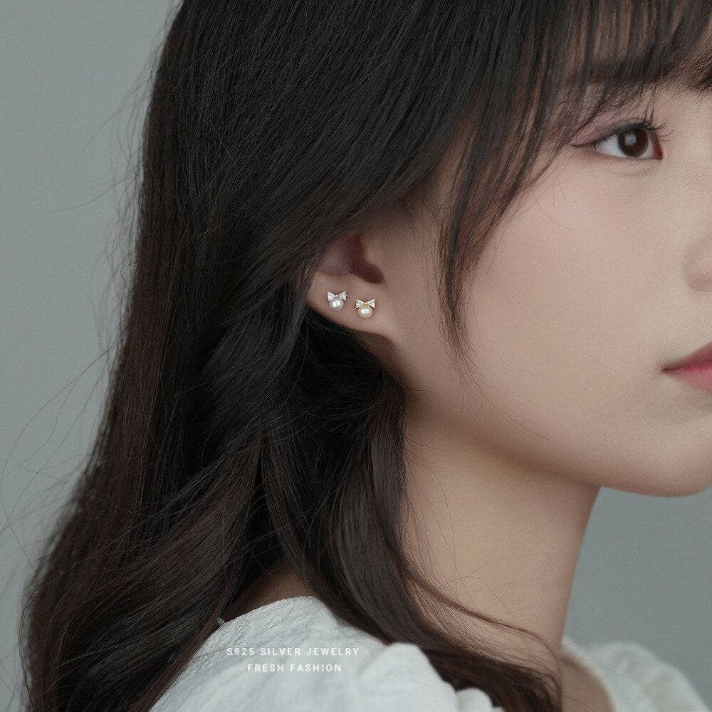 Pearl Bow Sweet Stud Earrings Pi-Mart