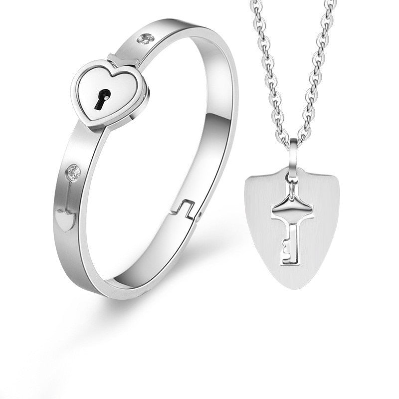 Stainless Steel Love Heart Lock Bangle Bracelet Pi-Mart