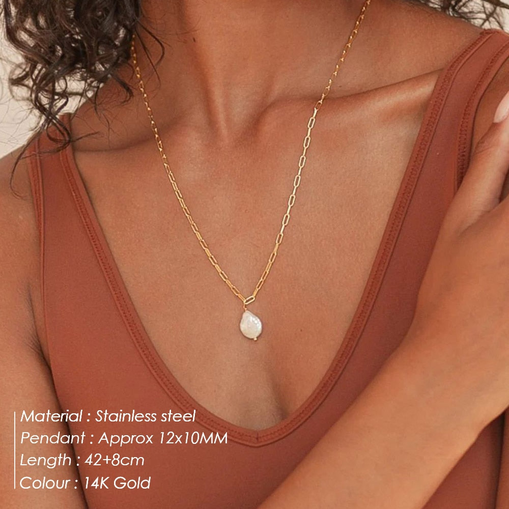 Rectangle Link Chain Pearl Necklace Pi-Mart